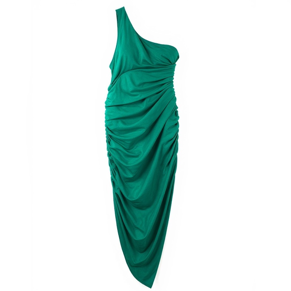 Entro Green One Shoulder Ruched Draped Asymmetrical Evening Cocktail Dress M